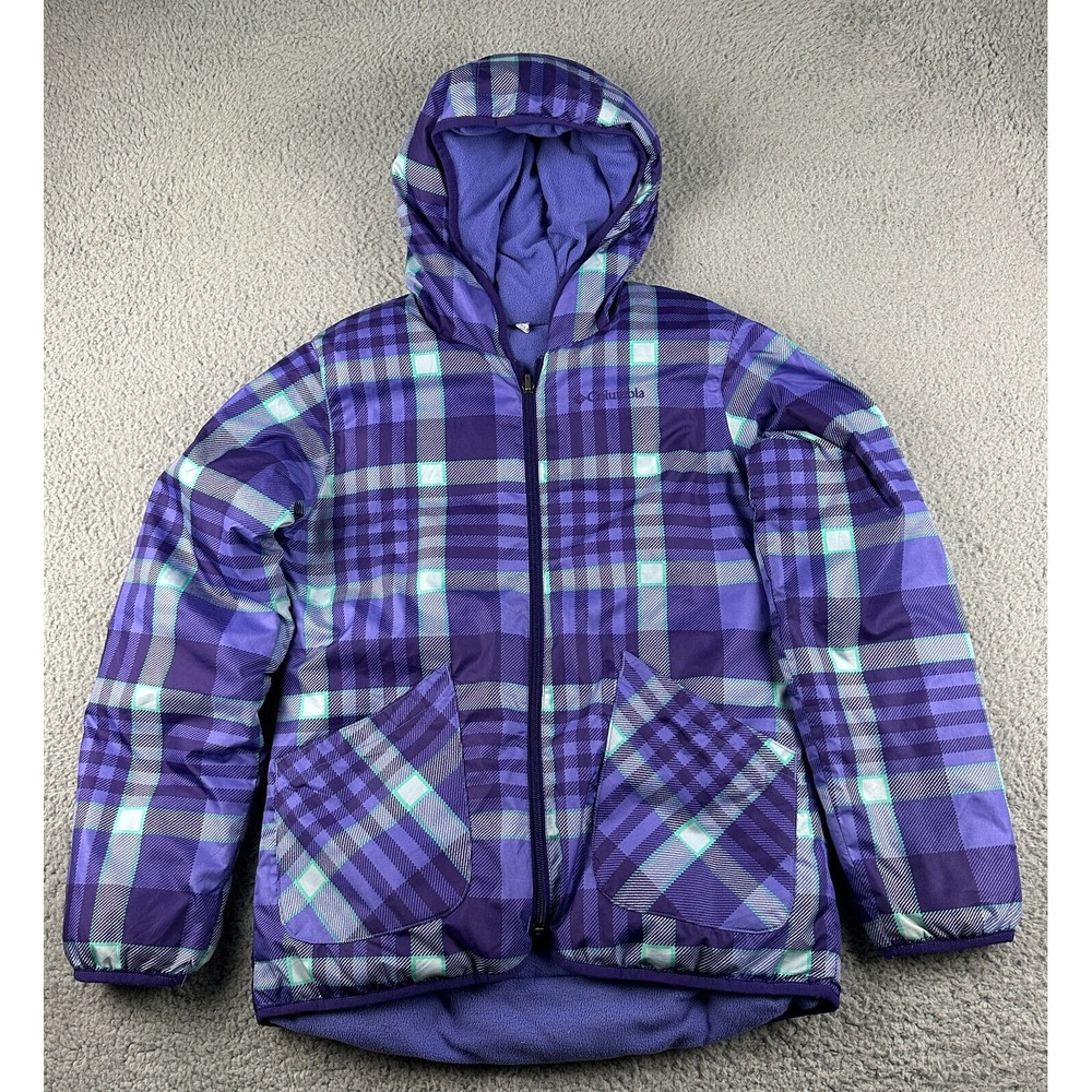 Columbia Reversible Jacket Youth Girls L 14/16 Purple Hooded Coat Plaid